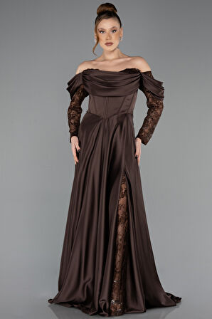 Dantel Uzun Kol Kayık Yaka Saten Büyük Beden Abiye ABU5261