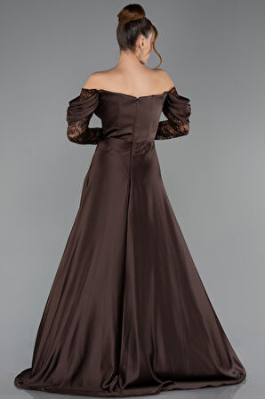 Dantel Uzun Kol Kayık Yaka Saten Büyük Beden Abiye ABU5261