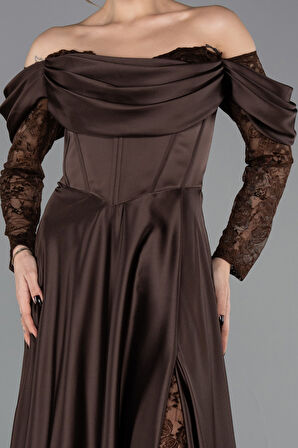 Dantel Uzun Kol Kayık Yaka Saten Büyük Beden Abiye ABU5261