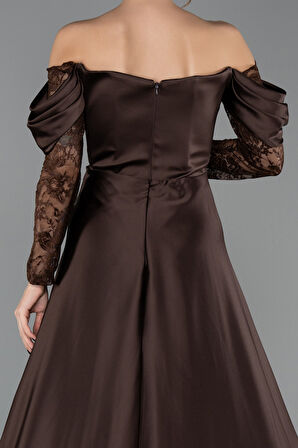 Dantel Uzun Kol Kayık Yaka Saten Büyük Beden Abiye ABU5261