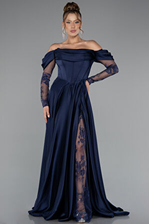 Dantel Uzun Kol Kayık Yaka Saten Büyük Beden Abiye ABU5261