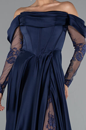 Dantel Uzun Kol Kayık Yaka Saten Büyük Beden Abiye ABU5261