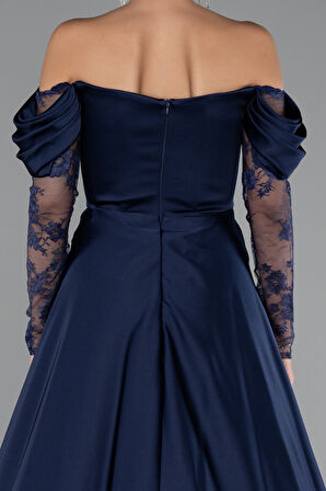 Dantel Uzun Kol Kayık Yaka Saten Büyük Beden Abiye ABU5261