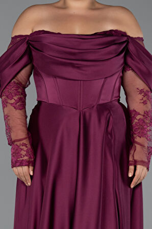 Dantel Uzun Kol Kayık Yaka Saten Büyük Beden Abiye ABU5261