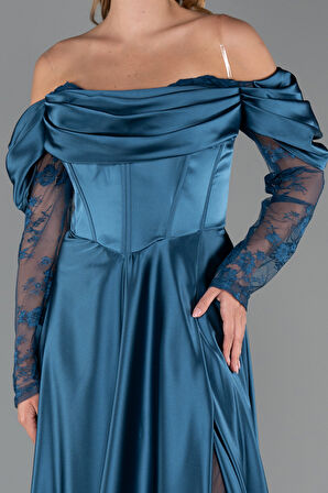 Dantel Uzun Kol Kayık Yaka Saten Büyük Beden Abiye ABU5261