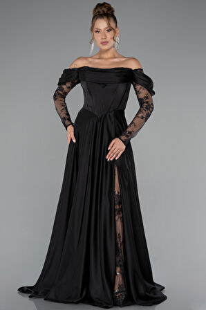 Dantel Uzun Kol Kayık Yaka Saten Büyük Beden Abiye ABU5261