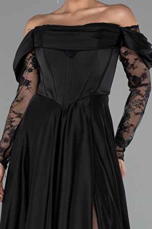 Dantel Uzun Kol Kayık Yaka Saten Büyük Beden Abiye ABU5261