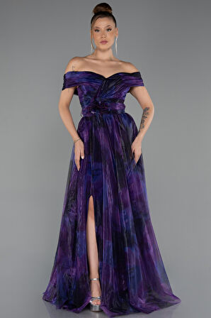 Kayık Yaka Yırtmaçlı Uzun Empirme Abiye Elbise ABU5262