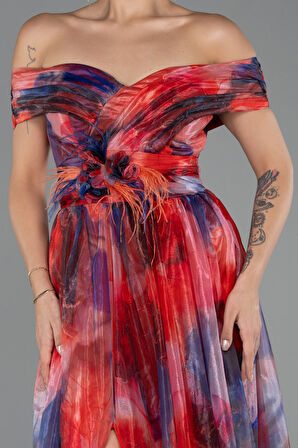 Kayık Yaka Yırtmaçlı Uzun Empirme Abiye Elbise ABU5262