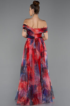 Kayık Yaka Yırtmaçlı Uzun Empirme Abiye Elbise ABU5262