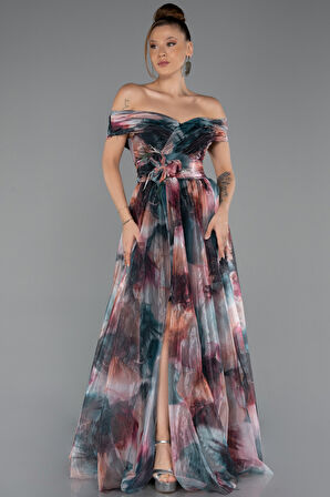 Kayık Yaka Yırtmaçlı Uzun Empirme Abiye Elbise ABU5262