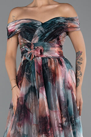 Kayık Yaka Yırtmaçlı Uzun Empirme Abiye Elbise ABU5262