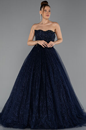 Taşlı Straplez Balenli Uzun Simli Nişan Elbisesi ABU5265