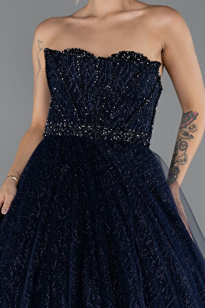 Taşlı Straplez Balenli Uzun Simli Nişan Elbisesi ABU5265