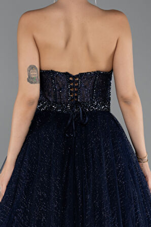 Taşlı Straplez Balenli Uzun Simli Nişan Elbisesi ABU5265