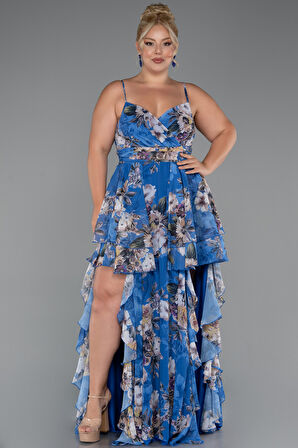 Bacak Dekolteli Uzun Desenli Büyük Beden Abiye ABU5266