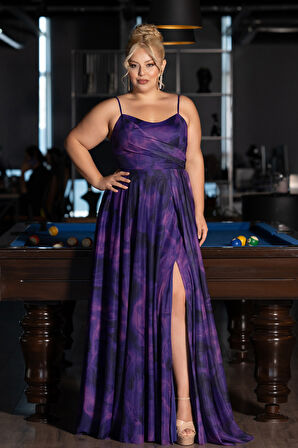 Yırtmaçlı Uzun Desenli Büyük Beden Abiye ABU5268