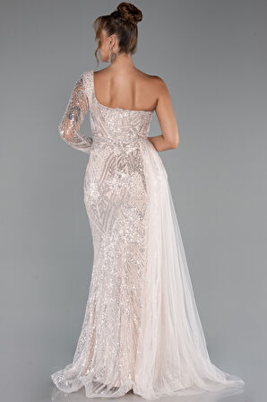 Tek Kol Taşlı Uzun Büyük Beden Özel Tasarım Abiye ABU5273