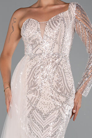 Tek Kol Taşlı Uzun Büyük Beden Özel Tasarım Abiye ABU5273