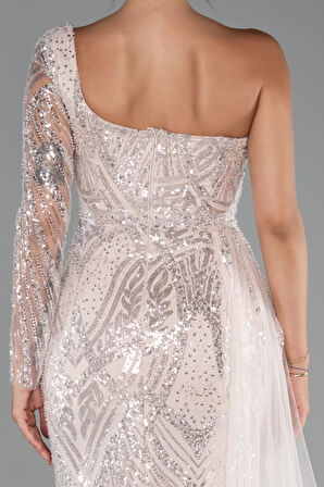 Tek Kol Taşlı Uzun Büyük Beden Özel Tasarım Abiye ABU5273