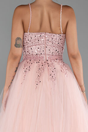 Askılı Üstü Pullu Uzun Prenses Elbise ABU5279