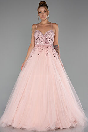 Askılı Üstü Pullu Uzun Prenses Elbise ABU5279