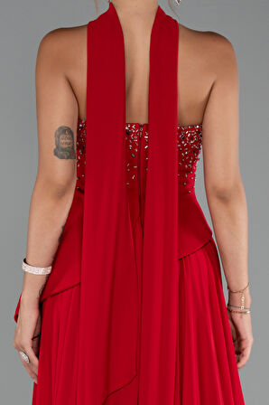 Taşlı Straplez Yırtmaçlı Şallı Uzun Şifon Abiye ABU5280