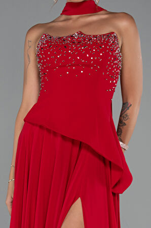 Taşlı Straplez Yırtmaçlı Şallı Uzun Şifon Abiye ABU5280