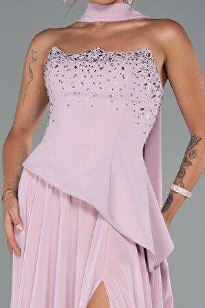 Taşlı Straplez Yırtmaçlı Şallı Uzun Şifon Abiye ABU5280