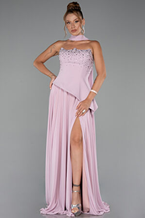 Taşlı Straplez Yırtmaçlı Şallı Uzun Şifon Abiye ABU5280