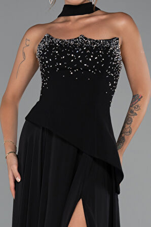 Taşlı Straplez Yırtmaçlı Şallı Uzun Şifon Abiye ABU5280