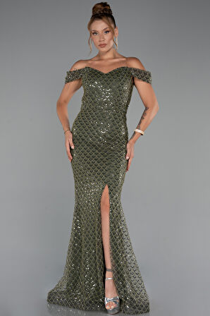 Kayık Yaka Boncuklu Uzun Abiye Elbise ABU5286