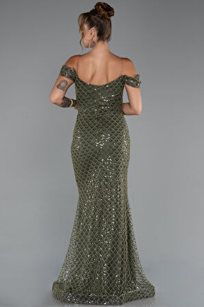 Kayık Yaka Boncuklu Uzun Abiye Elbise ABU5286