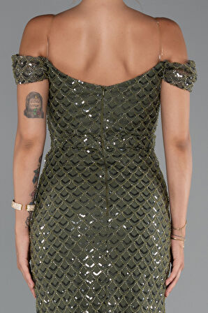 Kayık Yaka Boncuklu Uzun Abiye Elbise ABU5286