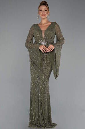 Simli Uzun Kol Beli Taşlı Özel Tasarım Abiye ABU5289