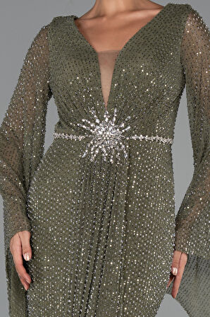 Simli Uzun Kol Beli Taşlı Özel Tasarım Abiye ABU5289