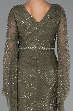 Simli Uzun Kol Beli Taşlı Özel Tasarım Abiye ABU5289