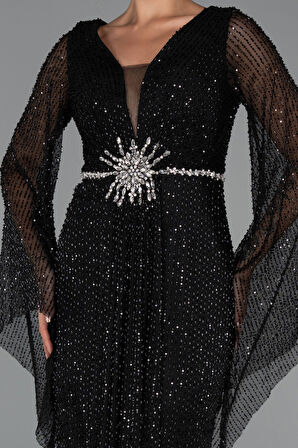 Simli Uzun Kol Beli Taşlı Özel Tasarım Abiye ABU5289