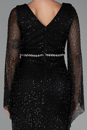 Simli Uzun Kol Beli Taşlı Özel Tasarım Abiye ABU5289