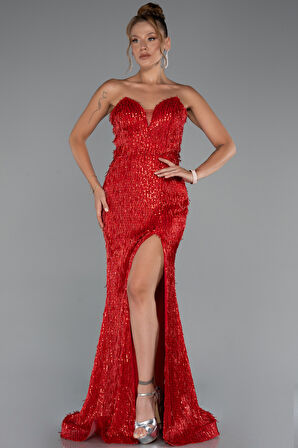 Straplez Bacak Dekolteli Boncuklu Uzun Abiye ABU5292