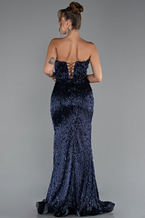 Straplez Bacak Dekolteli Boncuklu Uzun Abiye ABU5292