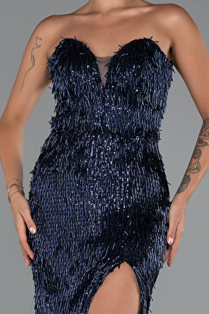 Straplez Bacak Dekolteli Boncuklu Uzun Abiye ABU5292