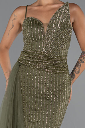 Askılı Kuyruklu Uzun Boncuklu Özel Tasarım Abiye ABU5297