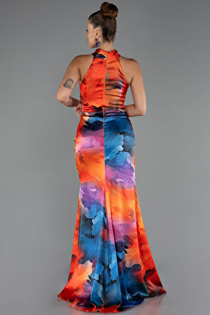 Halter Yaka Bacak Dekolteli Desenli Saten Abiye ABU5305