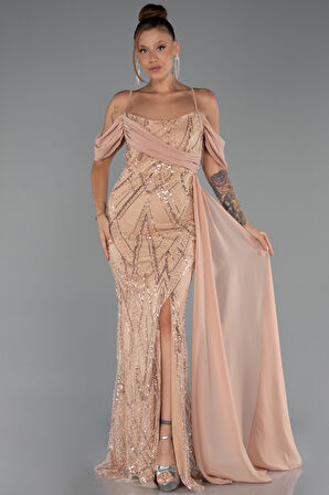 Omuz Dekolteli Yırtmaçlı Uzun Boncuklu Abiye ABU5316