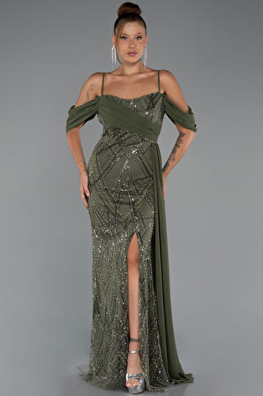 Omuz Dekolteli Yırtmaçlı Uzun Boncuklu Abiye ABU5316