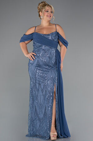 Bacak Dekolteli Uzun Boncuklu Büyük Beden Abiye ABU5319