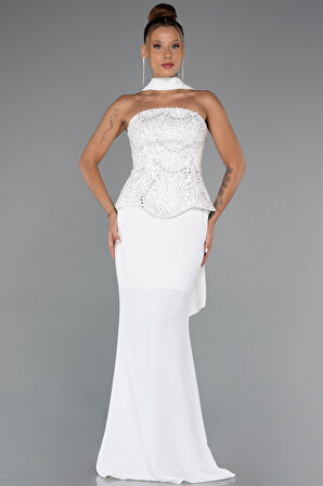 Pullu Straplez Peplum Kesim Uzun Abiye Elbise ABU5320