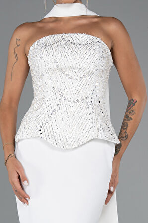 Pullu Straplez Peplum Kesim Uzun Abiye Elbise ABU5320