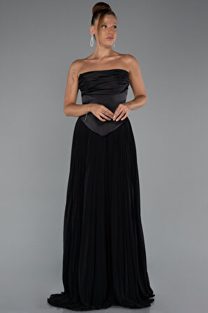 Saten Straplez Yaka Uzun Şifon Abiye ABU5321